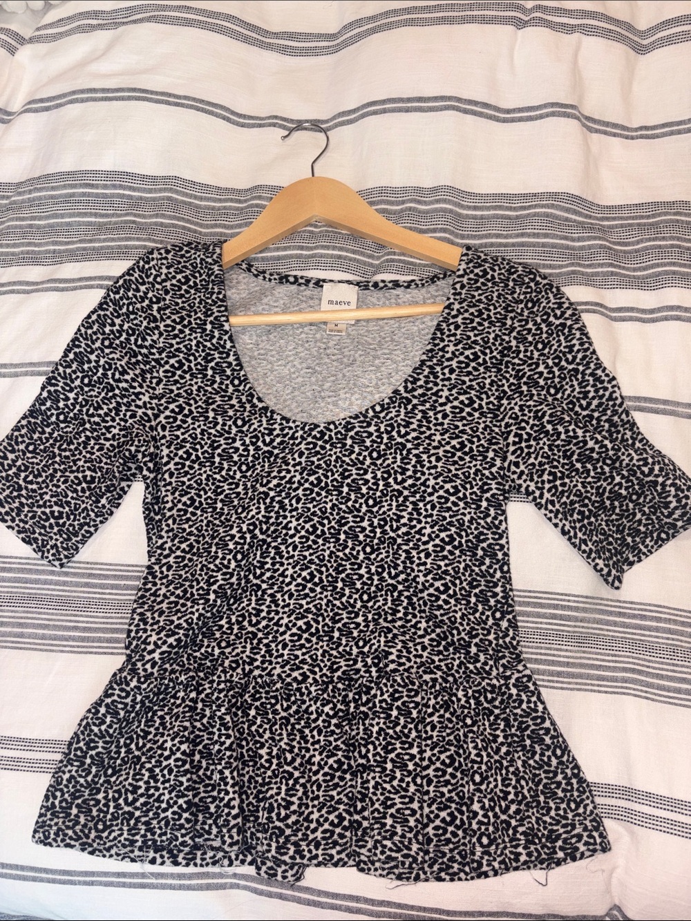 Maeve Black and White Leopard Scoop-Neck Peplum Top